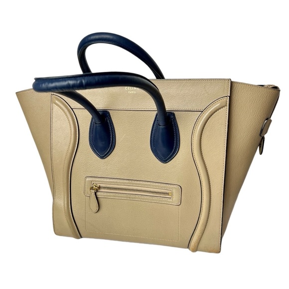 Celine Medium Luggage Bi-Color Beige Tan & Navy Blue Tote - Authentic - Picture 2 of 13